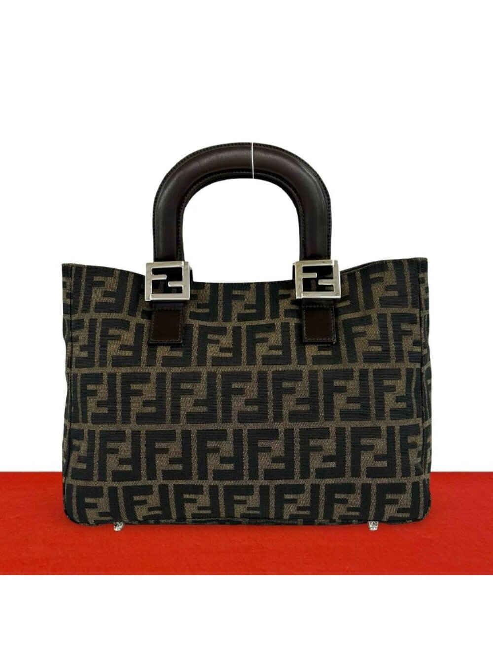 Fendi Zucca FF Pattern Logo Canvas Leather Book Handbag Mini Tote Brown Black